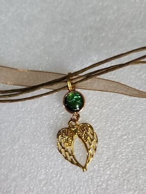 Hand Crafted Gold Angel Wing Necklace with Green Crystal
